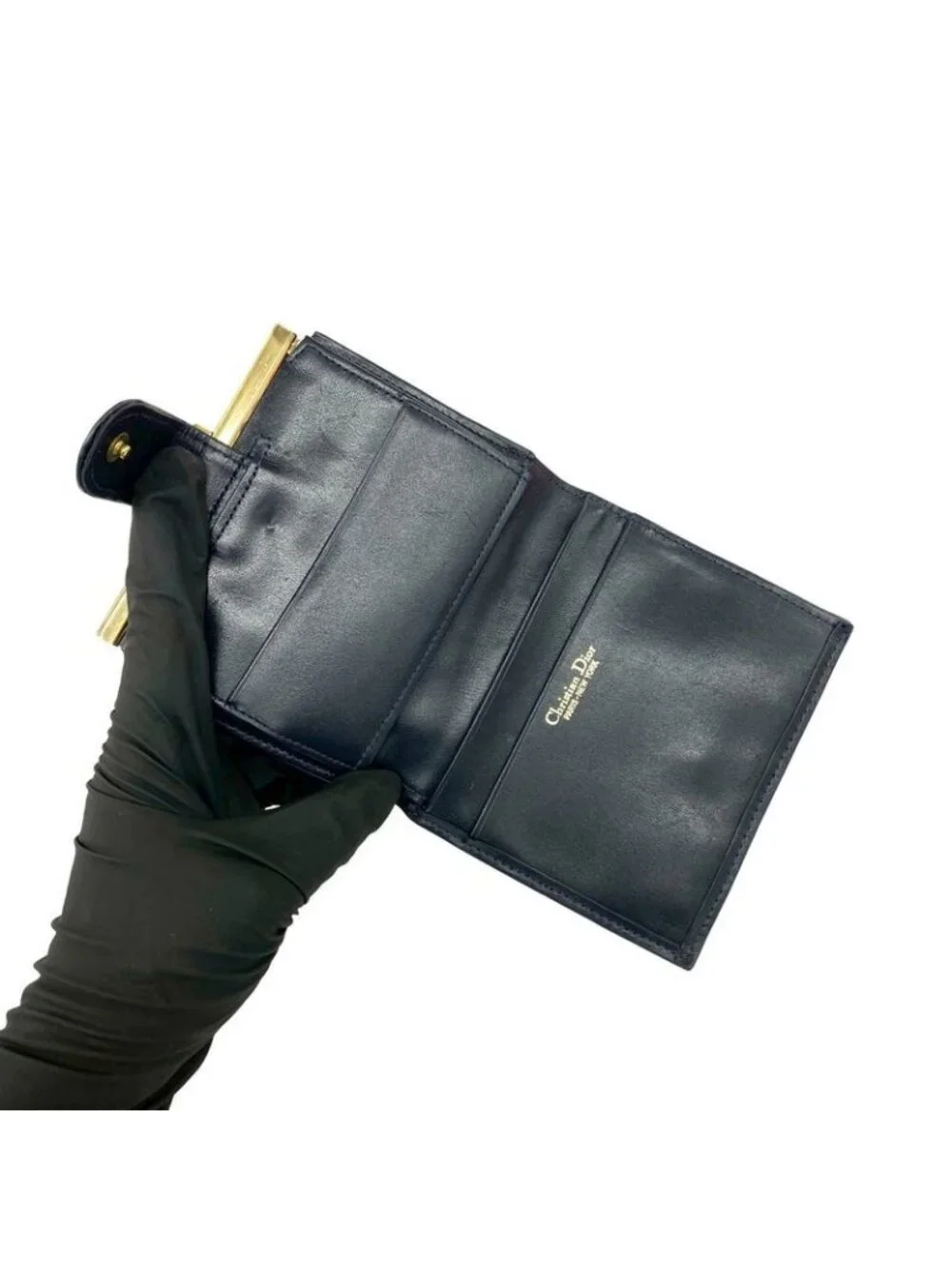 Dior Trotter Canvas Leather Clasp Bifold Wallet Compact Navy - Picture 7 of 10